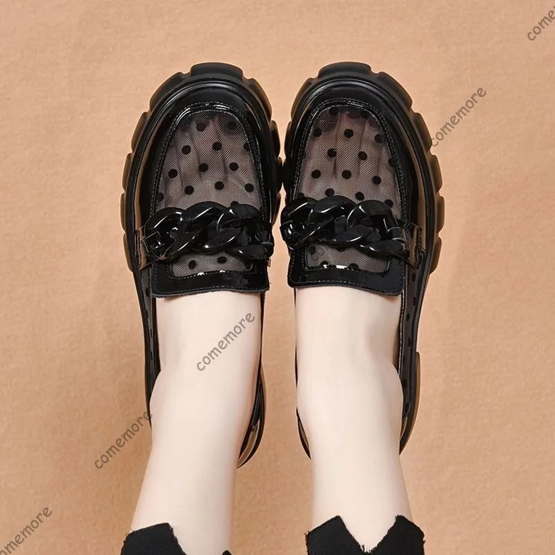 Black Polka Dot Mesh Chunky Loafers for Woman Chain Slip-On Platform Shoes Breathable Casual Moccasins Office Ladies Size 35-40