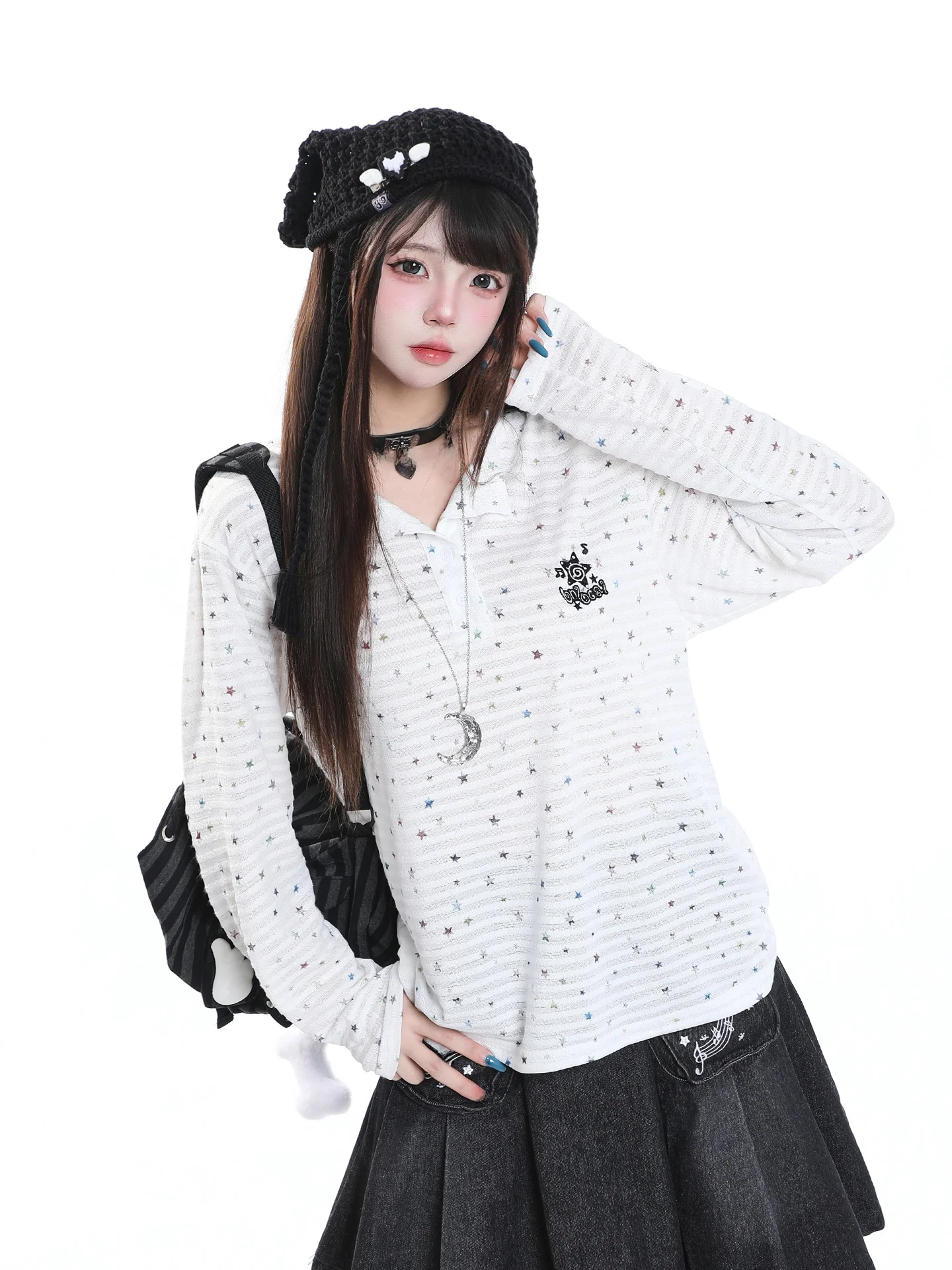 Korean Sweet Star Striped Long Sleeve T-Shirt Women's Loose Casual Elegant round Neck Sun Protection Cover up Top