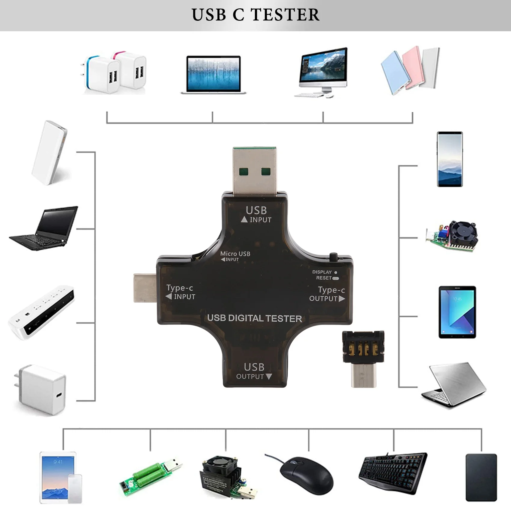 مقياس متعدد رقمي بشاشة LCD ، جهاز اختبار USB 2 في 1 من النوع C ، شاشة ملونة ، جهد ، تيار ، فولتميتر ، مقياس التيار الكهربائي ، كاشف
