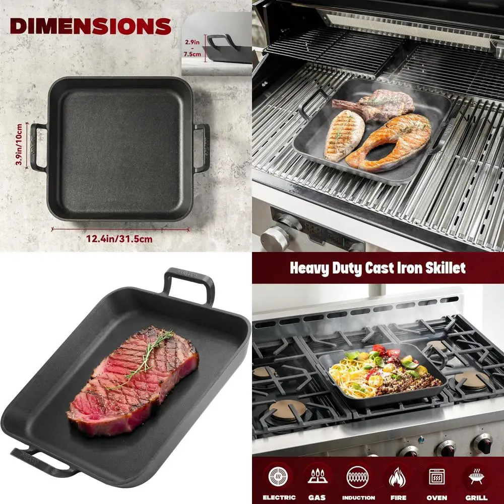

12 Inch Square Cast Iron Skillet with Nonstick Perforated Grill and Dual Handles, Suitable for Grills, Ovens, and All Stovetops