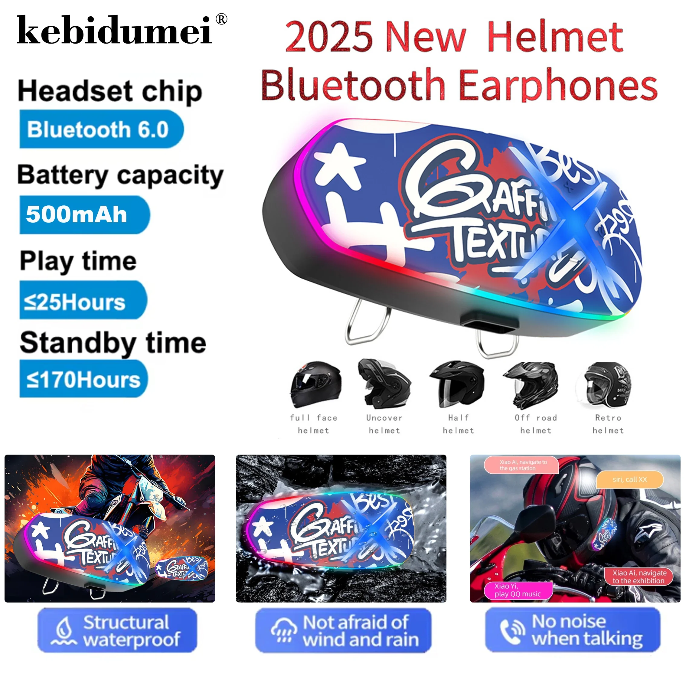 K15 RGB Bluetooth6.0 دراجة نارية خوذة سماعة لاسلكية حر اليدين دعوة الهاتف كيت مقاوم للماء سماعة مشغل موسيقى MP3 المتكلم