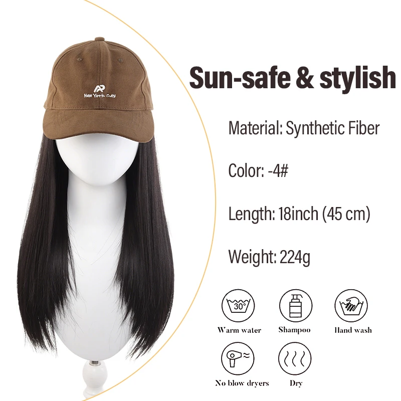 Brown Baseball Cap with Long Straight Synthetic Hair, Casual Daily Wig for Women, Heat Resistant Fiber, Easy Styling