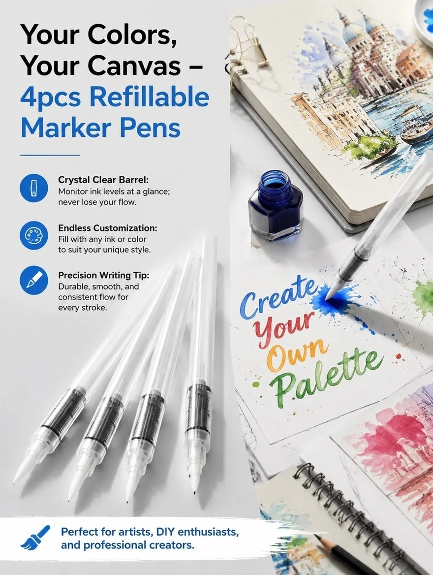 4Pcs Empty Refillable Paint Marker Pen Clear Tube Marker Smooth Ink Flow Refillable Paint Pens for Artists Coloring Sketching