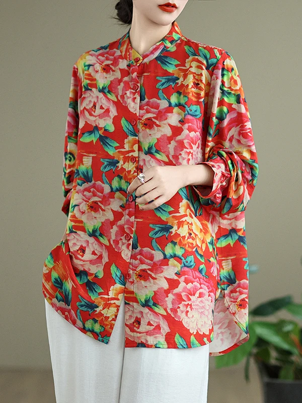 

Spring Summer Large Size Retro Ethnic Print Long Sve Stand Collar Loose Casual Straight Leg Pants Women's irt Top