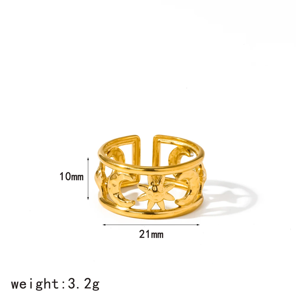 Vintage Edelstahl Geometrie Stern Mond Offener Ring 18K Vergoldet Wasserdichter Party-Schmuck Geschenke – Detail 6