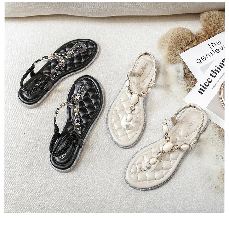 2024 Shoes for Women Beautiful Sandals Summer Girl Big Size Bead Leisure Slippers Ladies Casual Flat Shoes