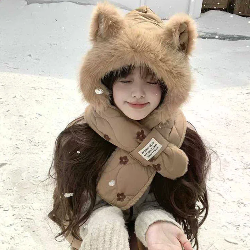 وشاح سميك، قبعة قطيفة نسائية لطيفة، قبعة Lei Feng الدافئة لركوب الدراجات، قبعة حماية الأذن