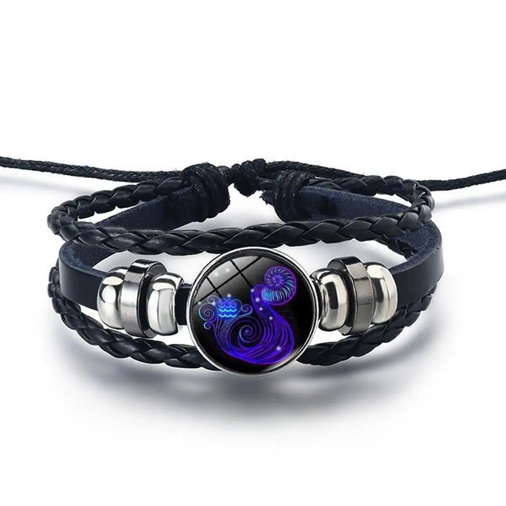 12 Bracelets Punk Braided Leather Buttons Gemstone Constellations Unisex Bangle Multilayer Bracelet Jewelry 12 A0U8