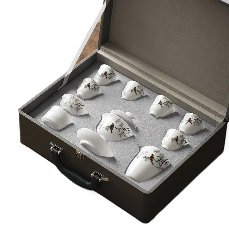Jade white porcelain tea set, hand-painted flower and bird cover bowl teacup, home office light luxury gift box