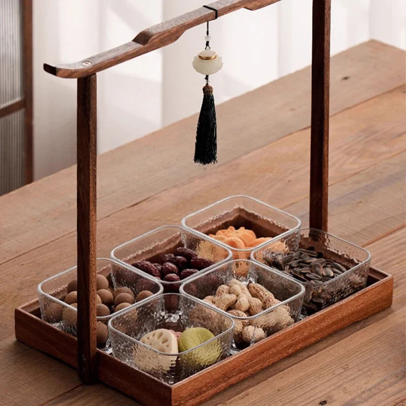 Chinese black walnut beam fruit plate household living room snack nut plate coffee table grid snack candy dried fruit box