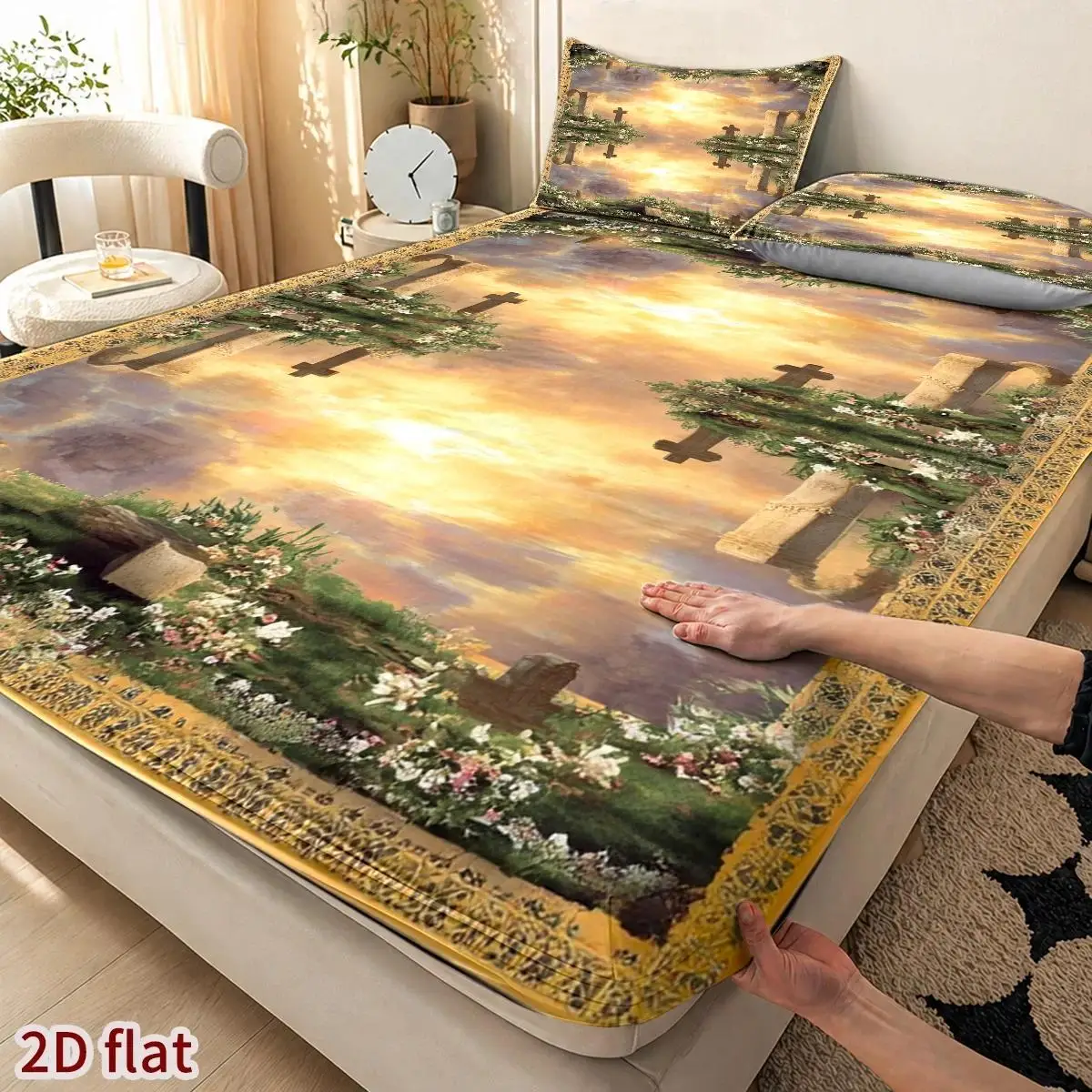 2D Digital Printed Three-Piece Bedding Set (Includes 1 Fitted Sheet + 2 Pillowcases) Mattress Protector, Fitted Elastic Style, Protective Cover, 2D Flat Priting, Mattress Protector, Angel-Themed Feast, Vintage Oil Painting Style, Halloween Ghost Holiday Decoration, Suitable for All Seasons, Machine Washable Design, Holiday Decoration, Various Sizes, Breathable Protective Cover Plus Pillowcase