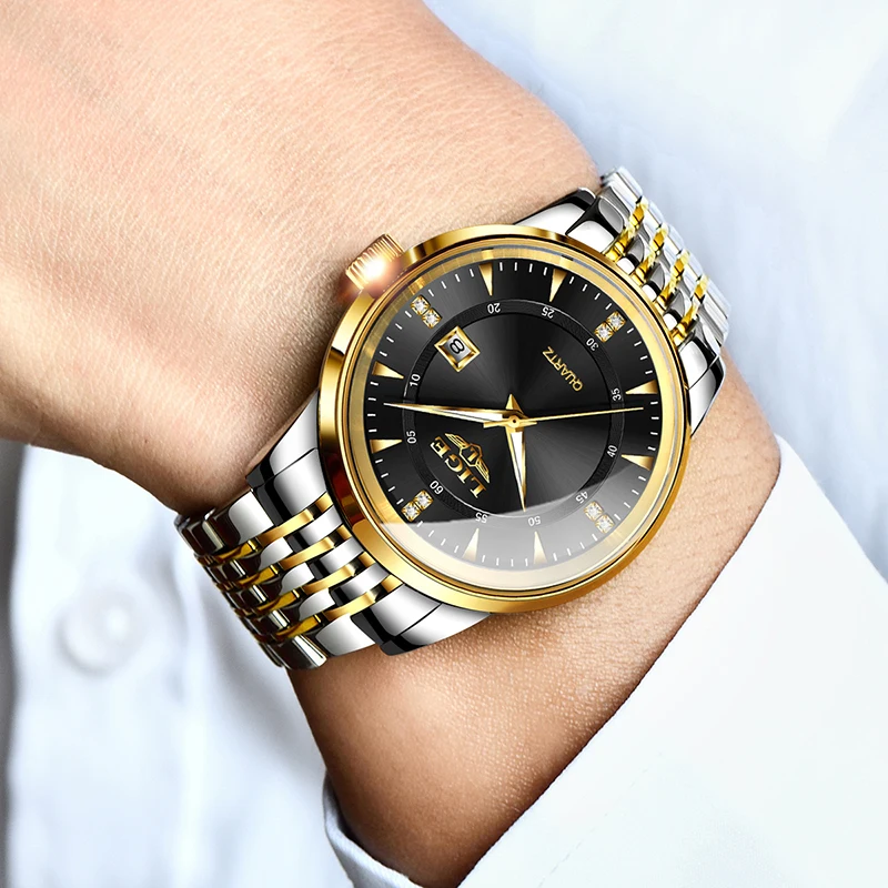 LIGE العلامة التجارية الفاخرة الساعات رجالي مقاوم للماء مضيئة الفولاذ المقاوم للصدأ الرياضة كوارتز ساعة الأعمال ساعة relogios masculino + صندوق