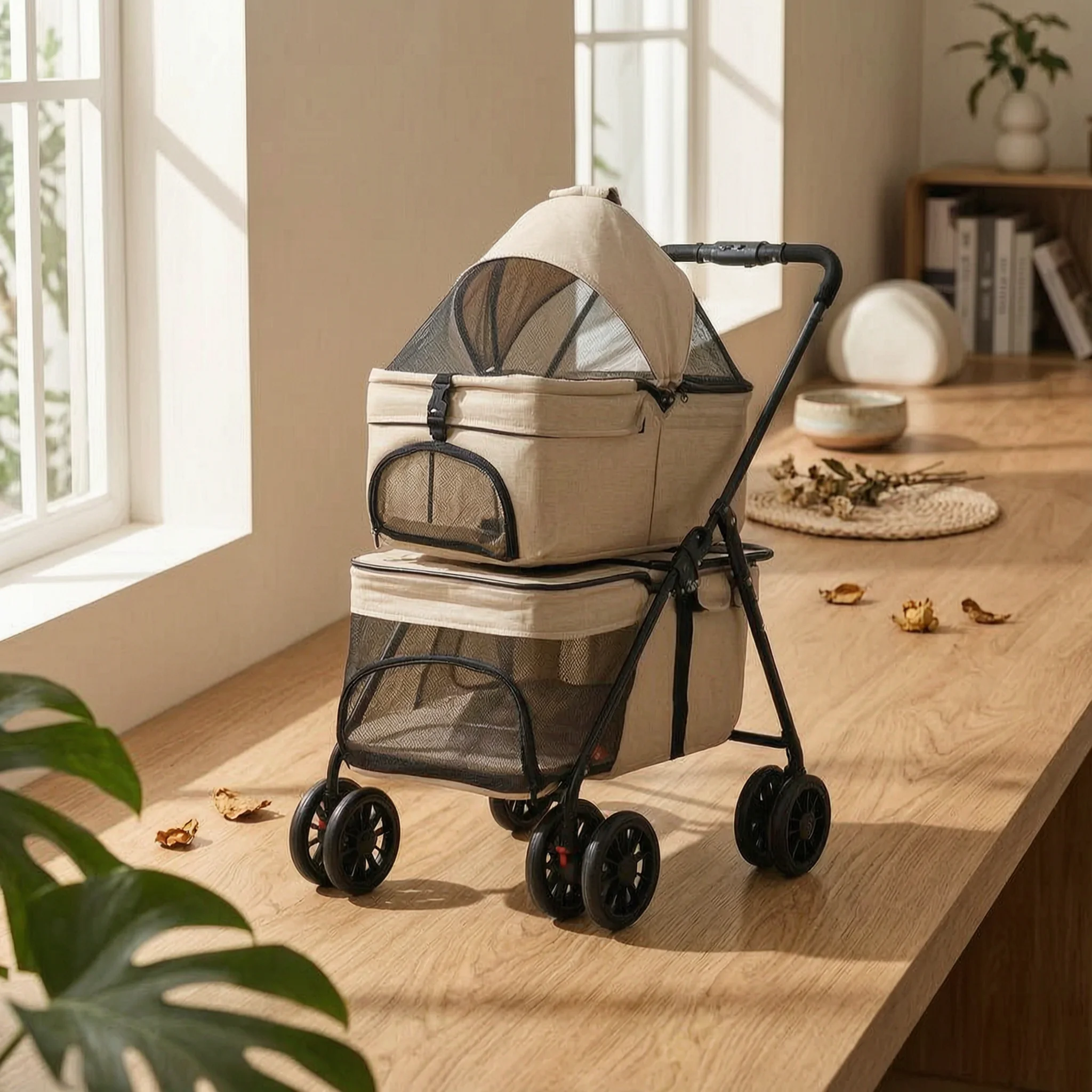 Pet Stroller with Detachable Carrier Portable Double-Layer Pet Stroller Dog Pram Convenient Easy Assembly for Multiple Pets