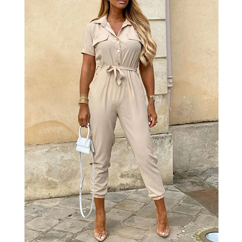 

Summer 2025 Women's Trousers Casual Lapel Jumpsuit European and American