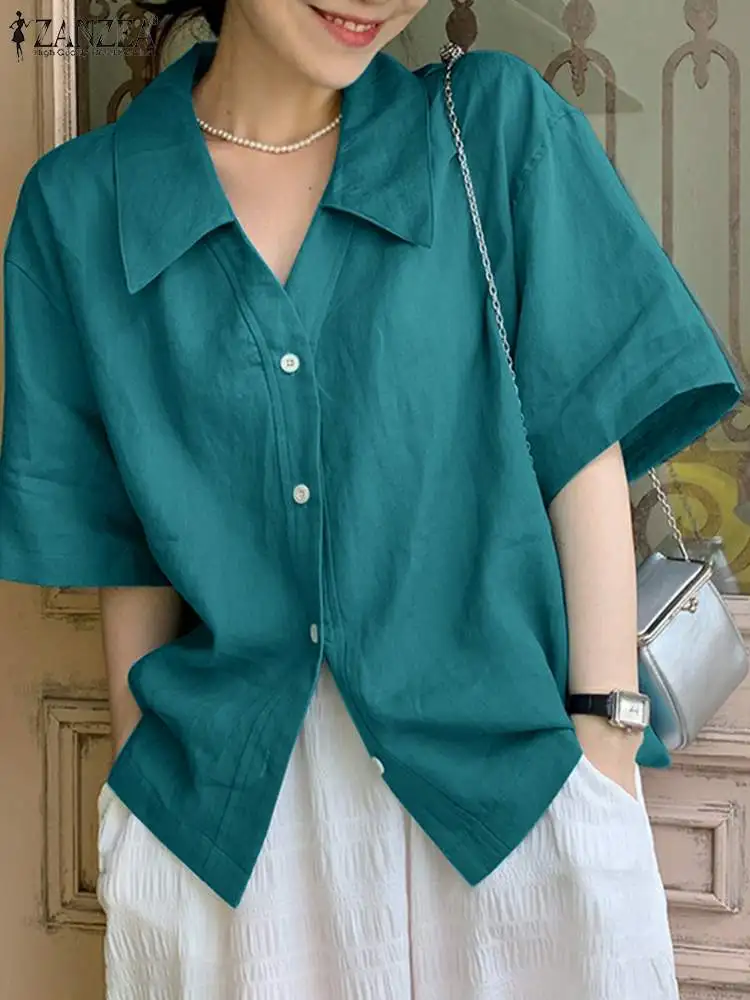 2023 ZANZEA Summer Shirt Women Blouses Turn-Down-Collar 3/4 Sleeved Buttons Up Blouse Loose Tops OL Shirts Solid Blusas Tunic