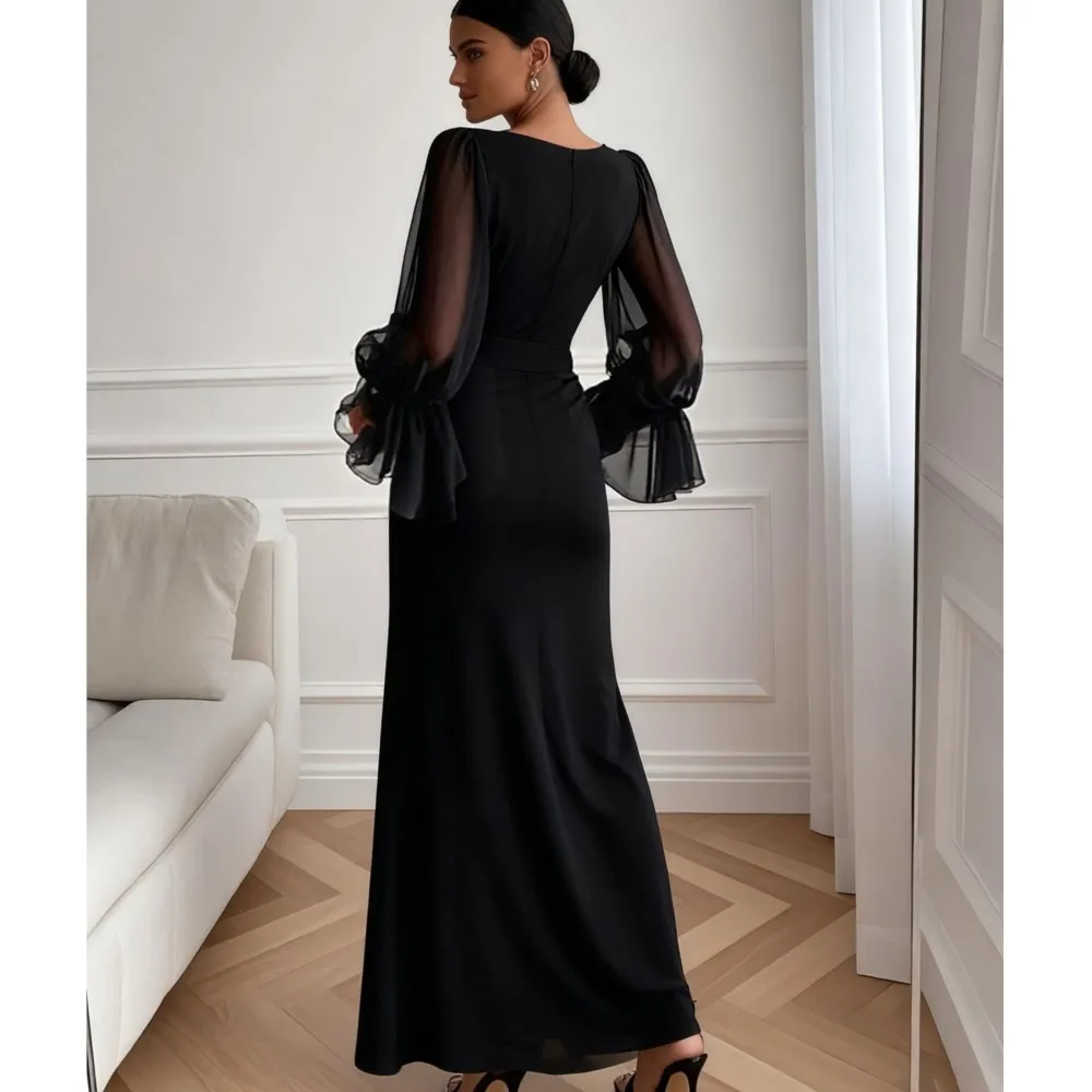Fashion Chiffon Trumpet Long Sleeve Splicing Women's Black Dress Spring New Slim Sexy Deep V-neck Slit Elegant Female PartyDress - view 3