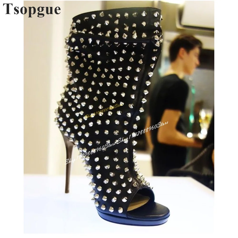 

Trendy Mid Calf Black Rivet Decoration Boots Thin High Heel Women Shoes Slip On Peep Toe 2024 Fashionable Zapatos Para Mujere