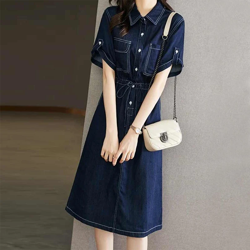 Spring Summer Women Denim Dress Short Sleeve Turn Down Collar Solid Drawstring Casual Mid-length Jean Shirt Dress