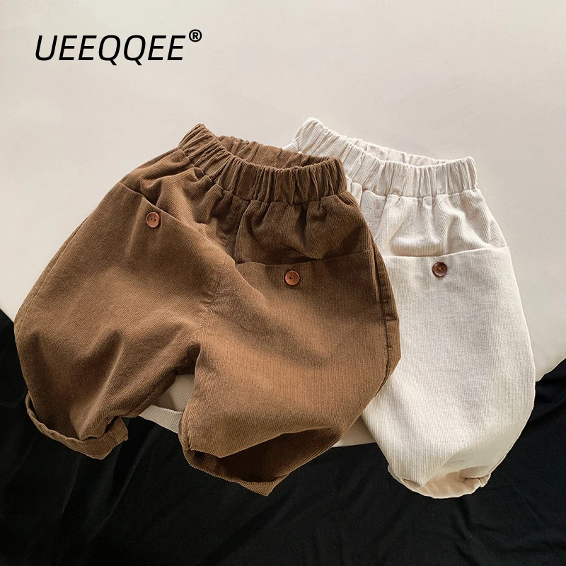 Spring Autumn Children Pants 1-8Y Boys Corduroy Loose Button Pocket Straight Trousers Korean Toddler Wear For Kids Clothing New