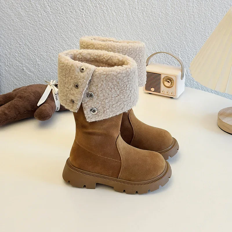 Kids Girls Fashion High Boots 2024 Winter New Korean Style Soft Bottom Anti-slippery Versatile Catwalk Plush Trend Leather Shoes