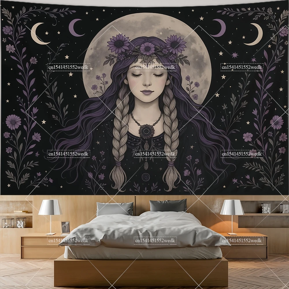 Lunar Goddess Wildflower Tapestry Botanical Occult Moon Phases Tarot Tapestrys Room Decor Aesthetic Spirit  Background Cloths