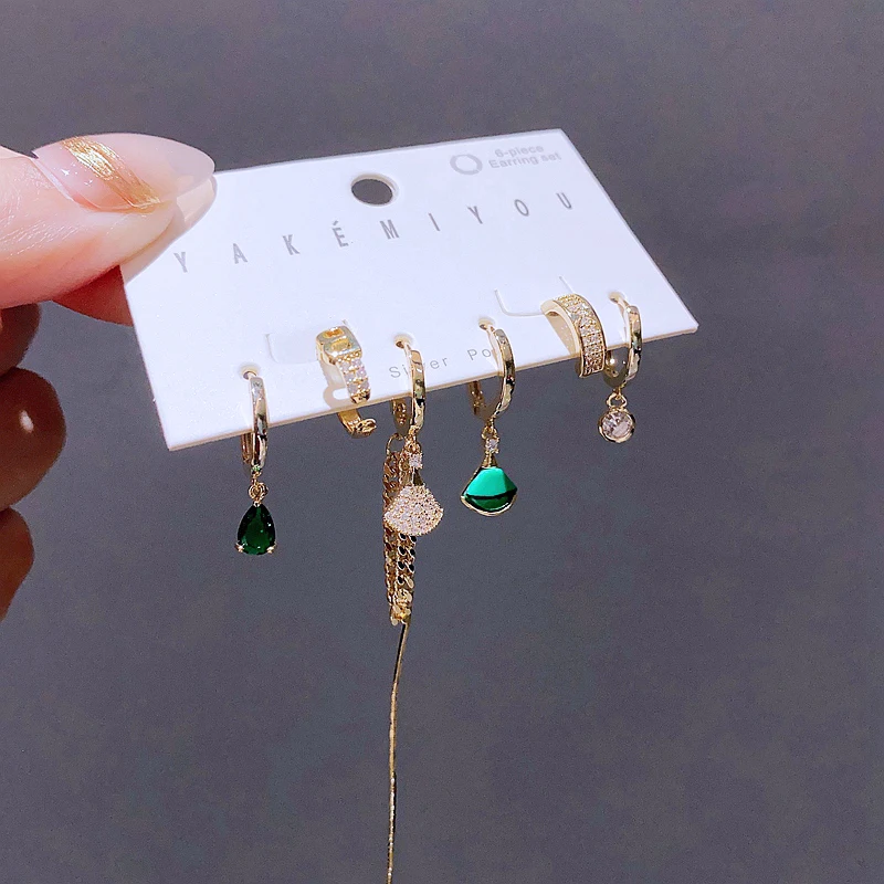 6pcs Design Green Stone Water Drop Fan Shaped Dangle Earrings Set for Women Gold Color Copper Jewelry