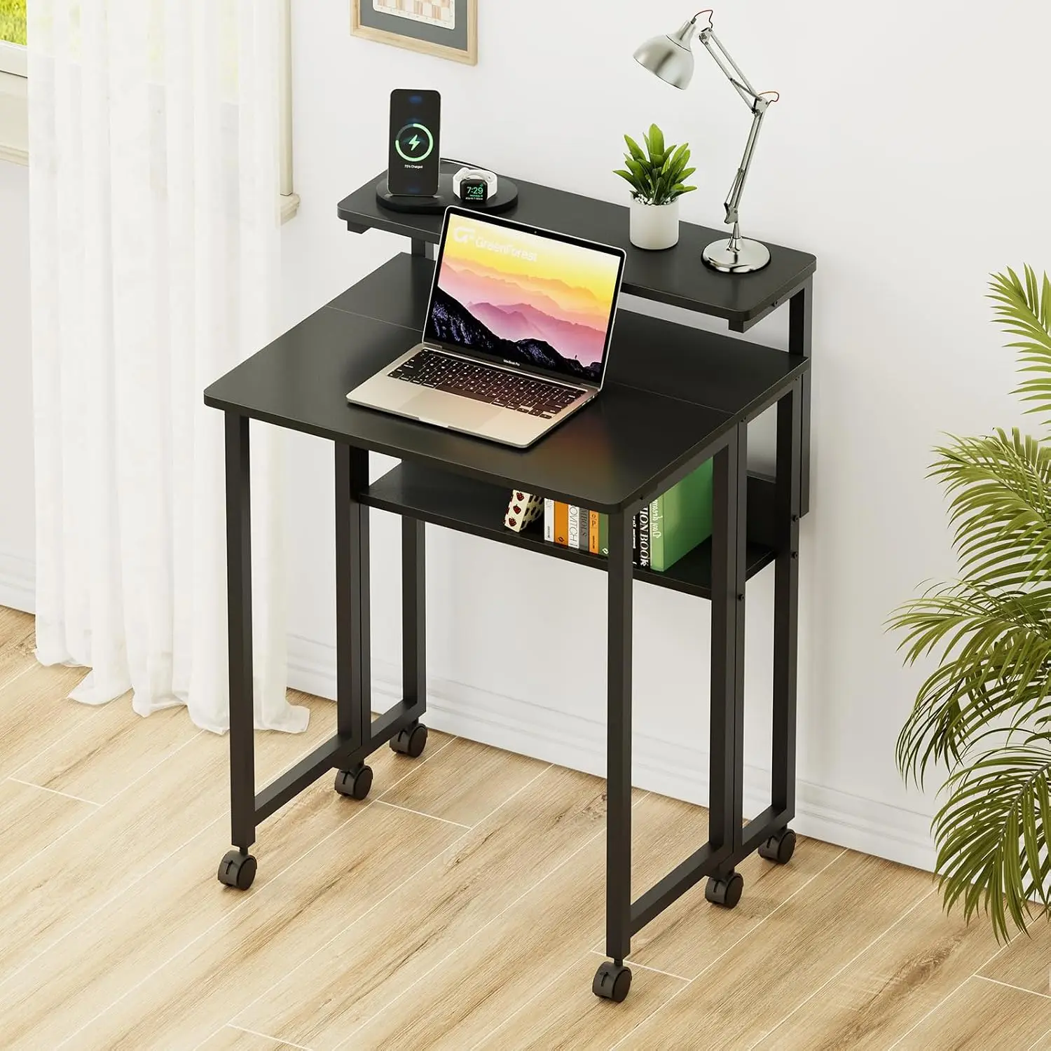 Folding Desk with Adjustable Monitor Stand, 24.8 in Small Desk | Storage Shelf, Lockable Wheels, Portable, Space Saving, Mobile