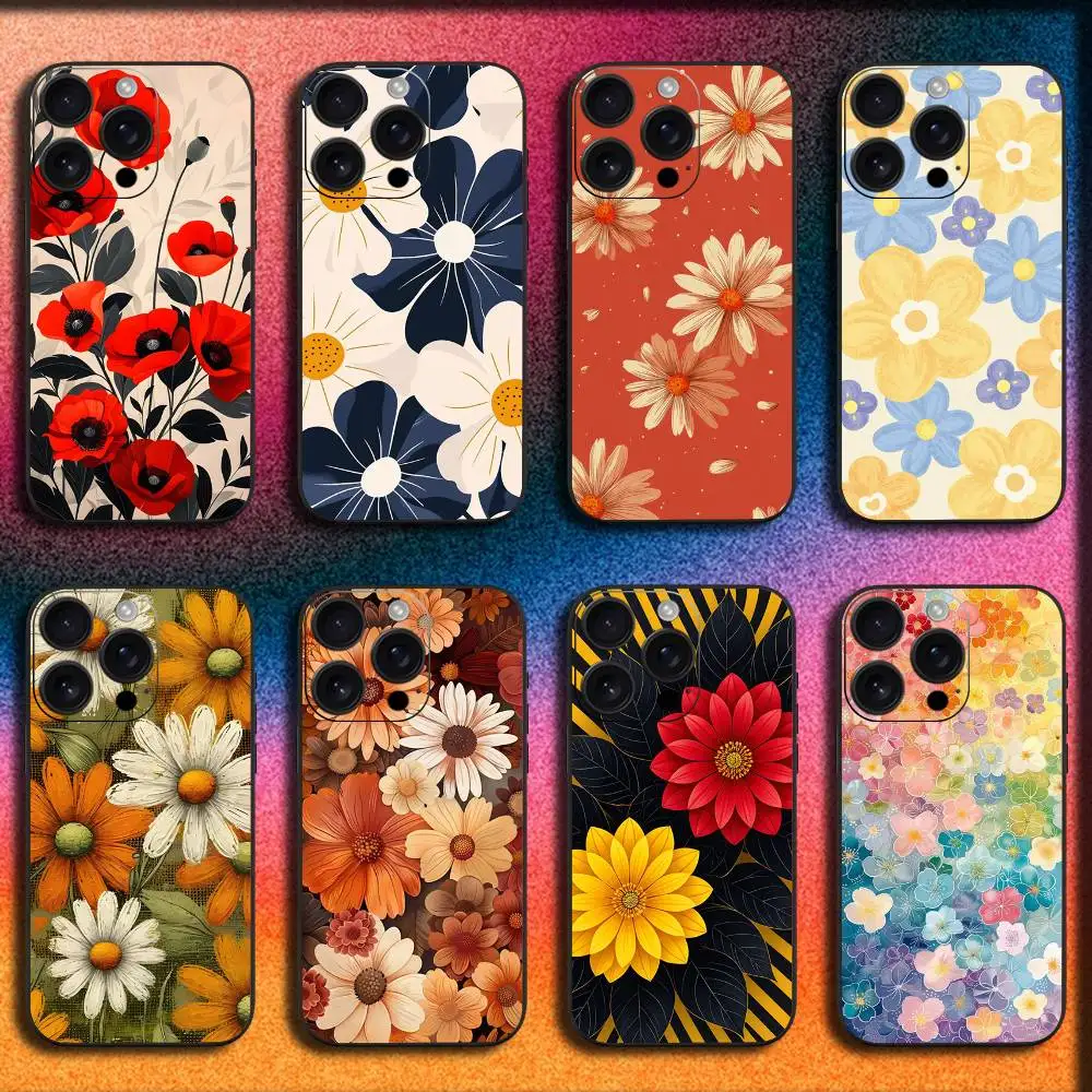 

Flower Patterns For iPhone 17,16,15,14,13,12,11,Pro,Max,Plus,E,SE4,Air,Mini Black Phone Case Cover