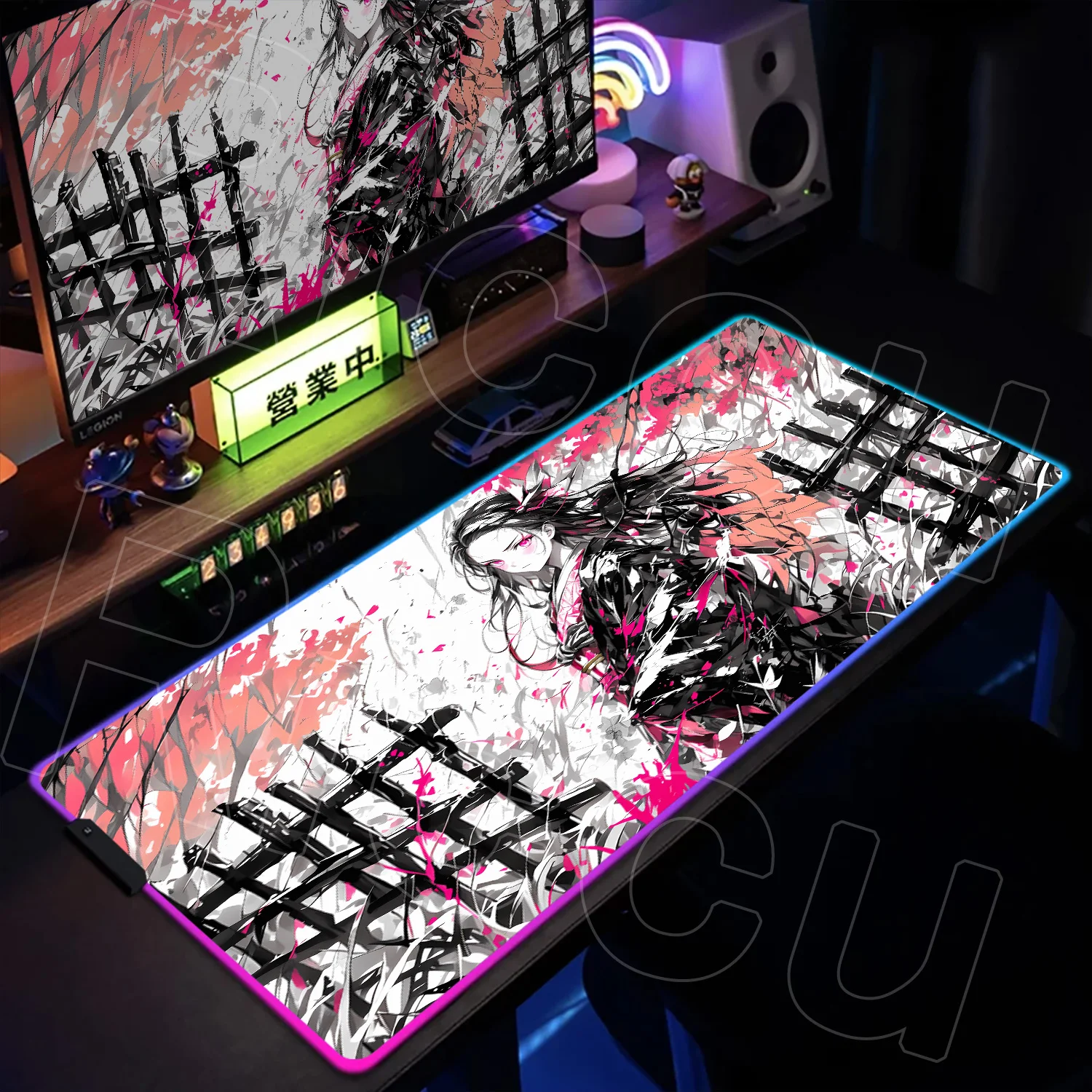 RGB Mousepad Demon Slayer Gaming Keyboard Rubber Rug LED Luminescence Desk Mat Cartoon Cute Kochou Shinobu Carpet Pc Accessories