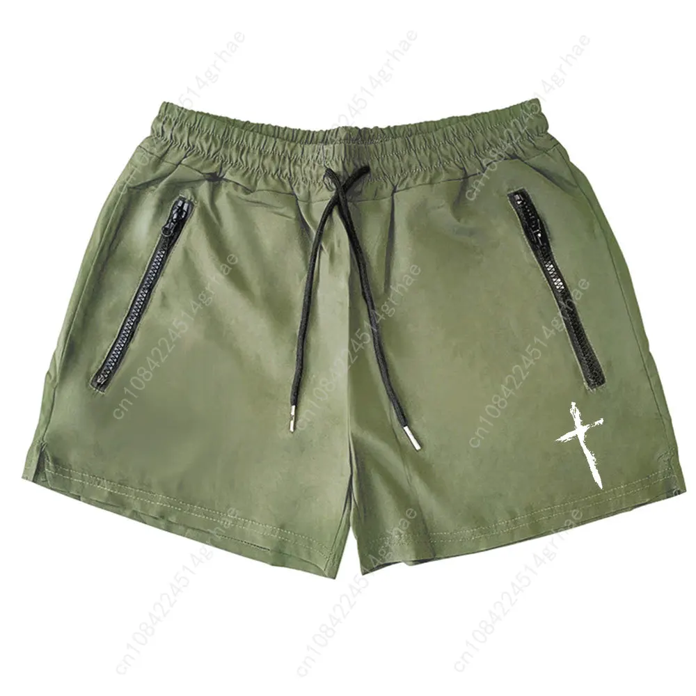 Men's Cross Print Beach Shorts Summer Quick Dry Side Double Zipper Pockets Design Running Basketball Training Gym Shorts
