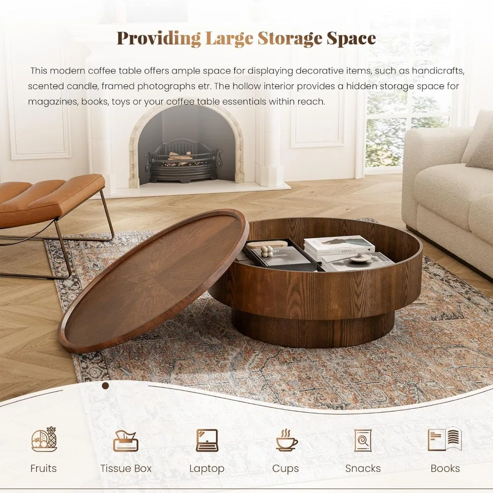 Modern 30.7" Circular Rustic Handcrafted Coffee Table with Storage and Removable Lid