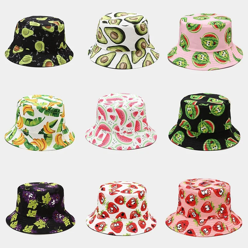 Kreative gedruckte Fruchtmuster Eimerkappe Unisex Outdoor Freizeit Fischerhut Sommer Strand UV-Schutz Sonnenhüte Panama Bob