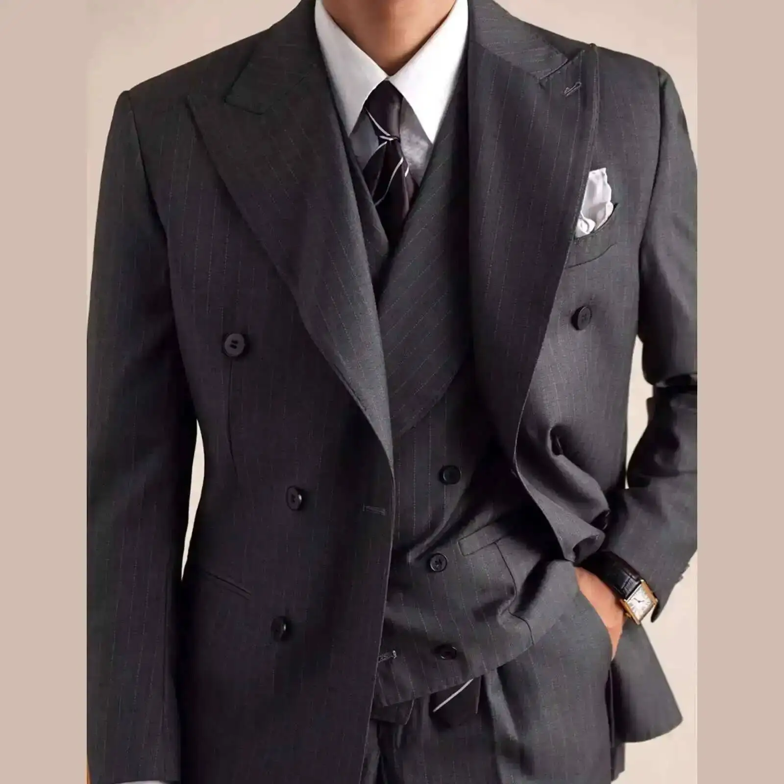 Wool Italian Blazers Suit For Men Business Double Breasted Wedding Tuxedo Suit Smoking Homme Mariage Striped Suit 3 Piece Homme