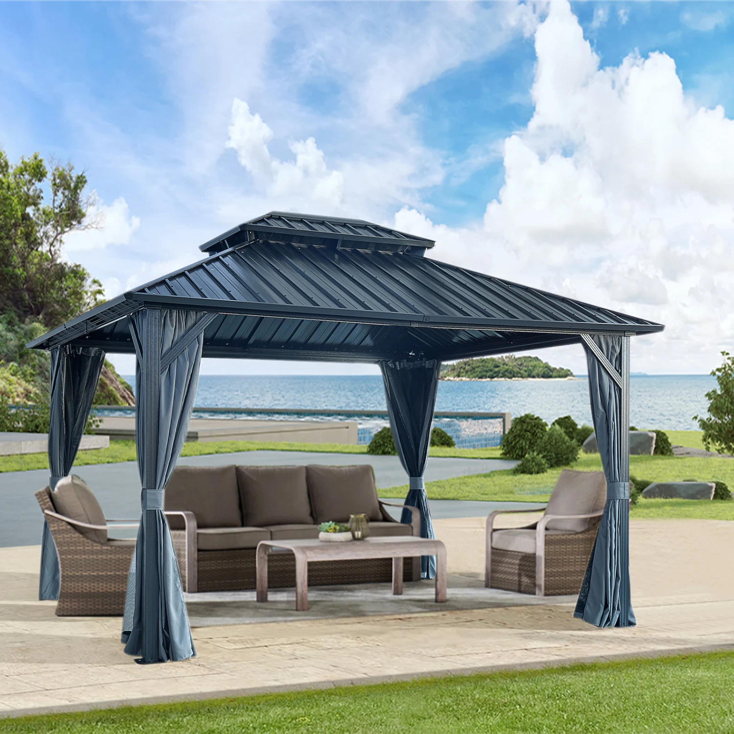 

10x12ft Gazebo Double Roof Canopy with Netting and Curtains, Outdoor Gazebo 2-Tier Hardtop Galvanized Iron Aluminum Frame Garden