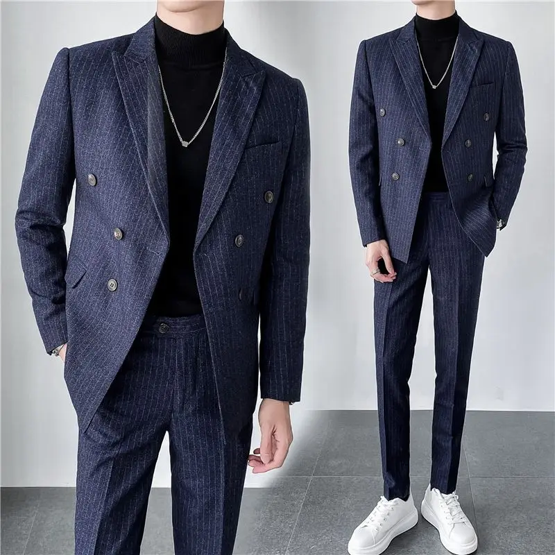 2-A71  Summer light mature style blue striped small suit men's suit double-breasted he Korean style slim casual suit jacket