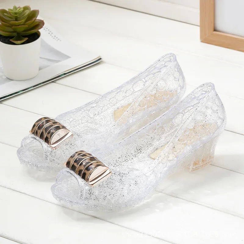 Сандалии-желе женские с открытым носком, уличные пляжные босоножки принцессы, дышащие, на высоком каблуке, с кристаллами, на лето