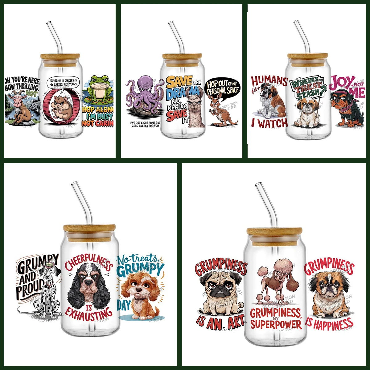 

Funny Animal Quotes UV DTF Cup Wrap Stickers for 16oz Libbey Glasses Waterproof Wrap Decals DIY Cold Transfer Cup Stickers