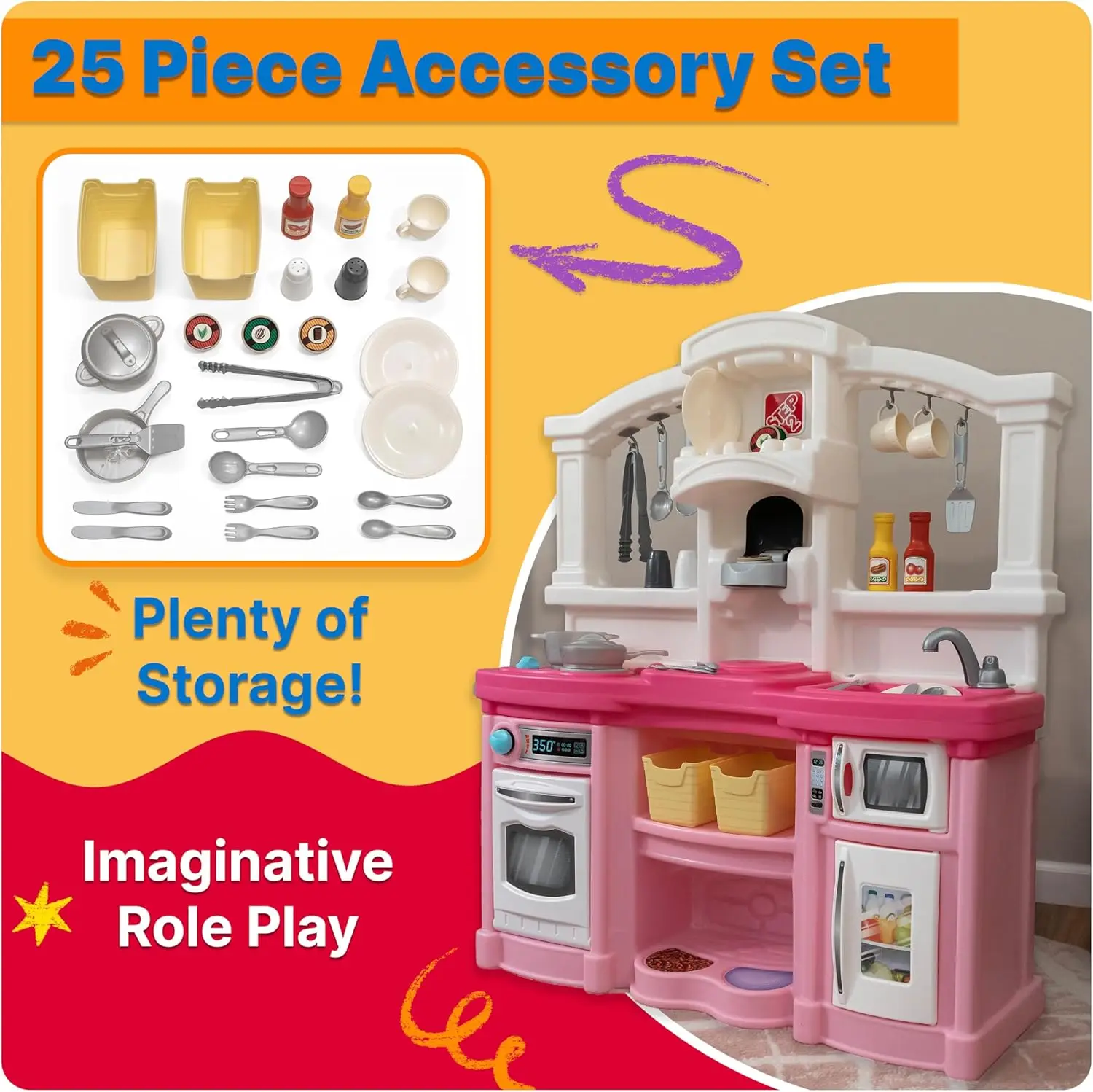 Diversão Cozinha Playset com Luzes e Sons, Playset Durável para Crianças, Cozinha Interior e Exterior, Play Set Interativo, Step2