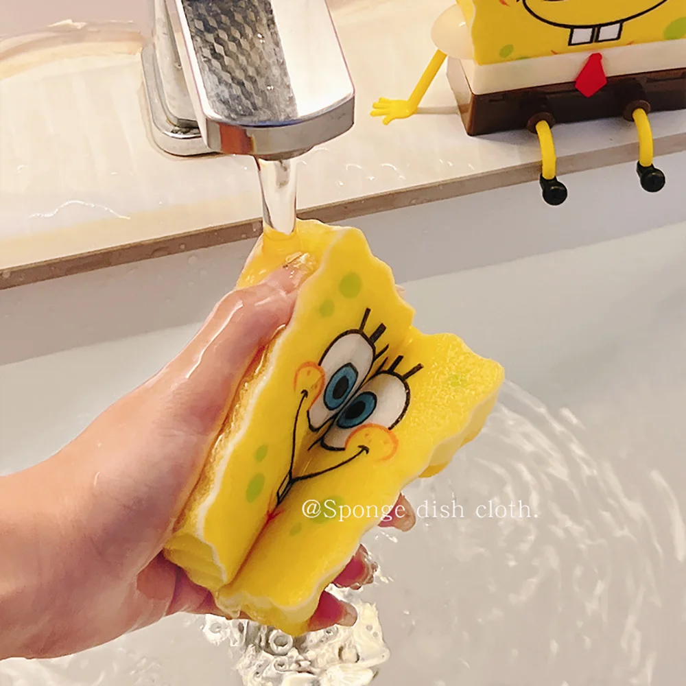 SpongeBob SquarePants Sponge Brush Dish Washing Brush Drain Rack Kitchen Supplies Reusable Cleaning Tool Scrub Scouring Pad Gift