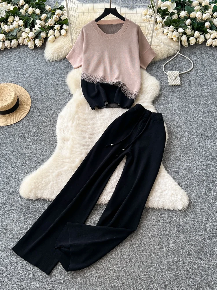 

Женский осенне-зимний комплект: вязаный свитер с высокой талией, облегающий, с круглым вырезом, коротким рукавом, цветными блоками и широкие брюки