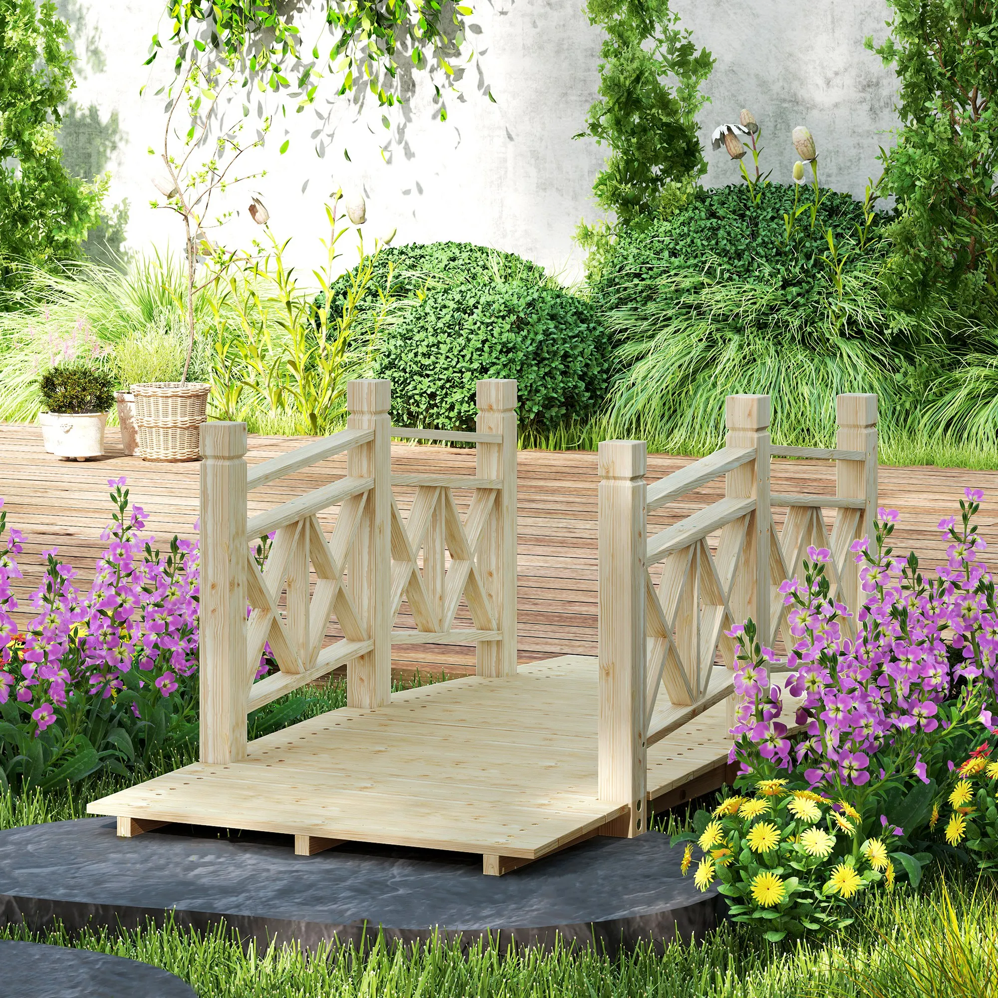 5 ft. Wood Garden Bridge with Safety Handrails Backyard Bridge, Nature Wood