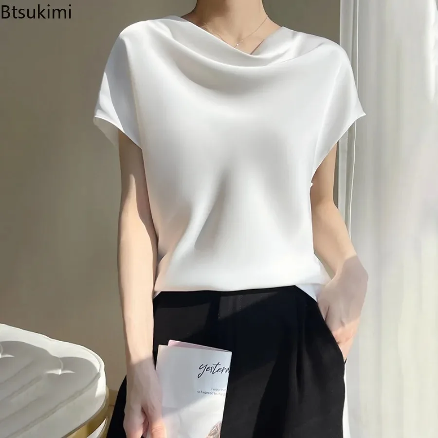 Neue 2024 frauen Sommer Seide Satin Shirts Top One-line Hals Kurzarm Cool Solide T-shirt Frauen Mode formale Büro Shirts