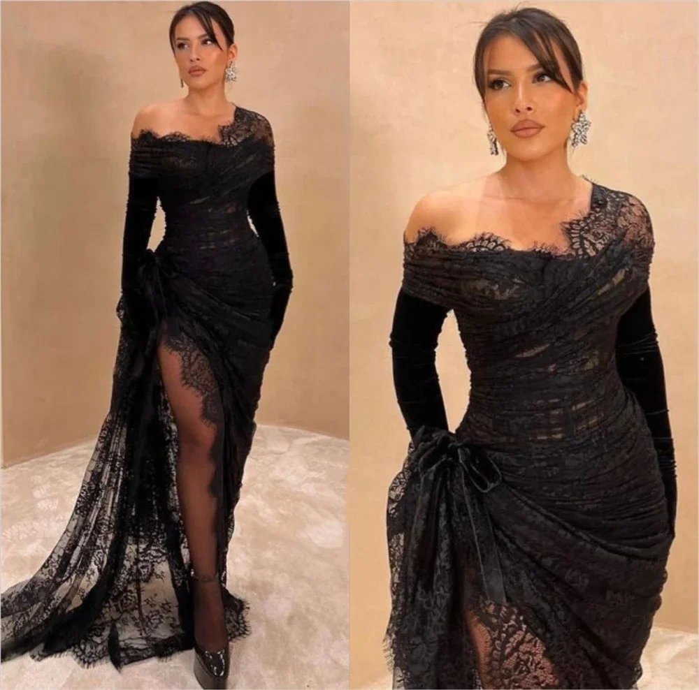 Sexy Off-the-shoulder guaina Celebrity Party lace Flowers Fold Prom Dresses vestidos de fiesta elegantes para mujer 2023