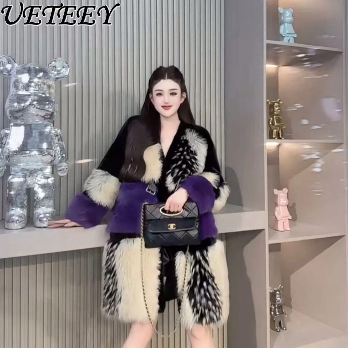 Winter Neue High-End-Stilvolle Lange Faux Pelzmantel Patchwork Farbe-Block Pelzigen Mode Leopardenmuster Vielseitig Warme Pelz mantel