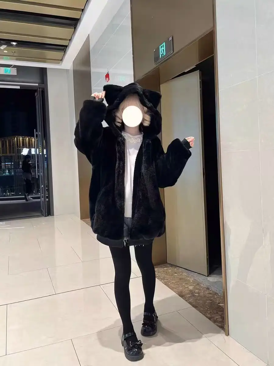 Japonês kawaii casaco de manga longa feminino casual cor sólida orelhas de gato harajuku moletom doce zíper com capuz outono inverno topos