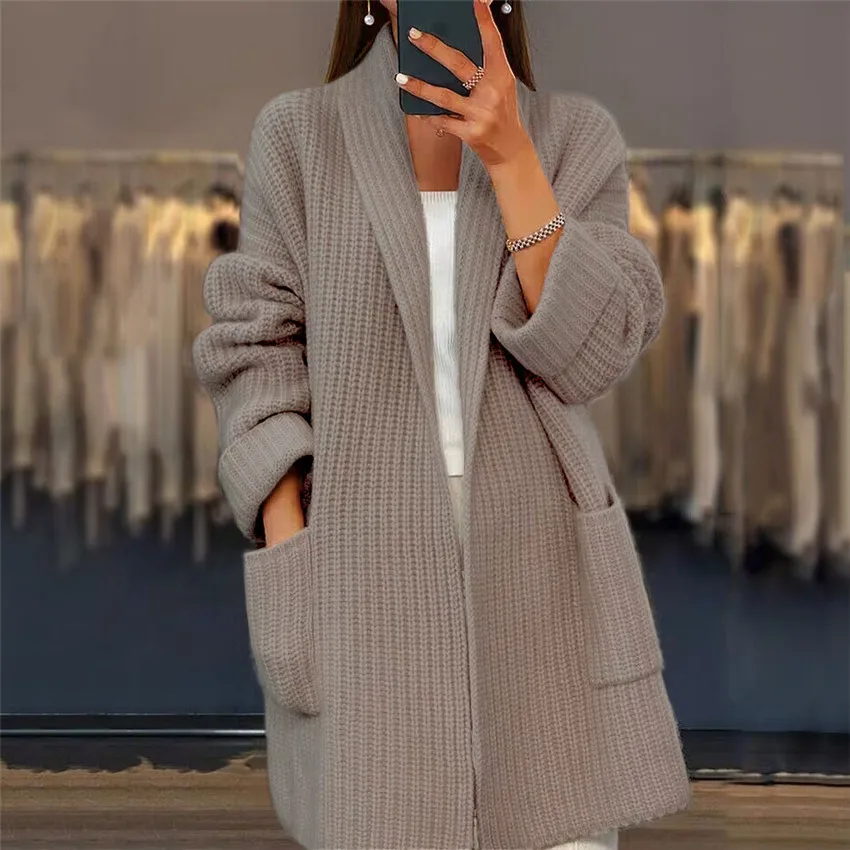 Women\'s Pocket Design Knitted Sweater Cardigan Autumn Winter Female Clothes Solid V-Neck Casual Long Sleeve Loose Daily Coat