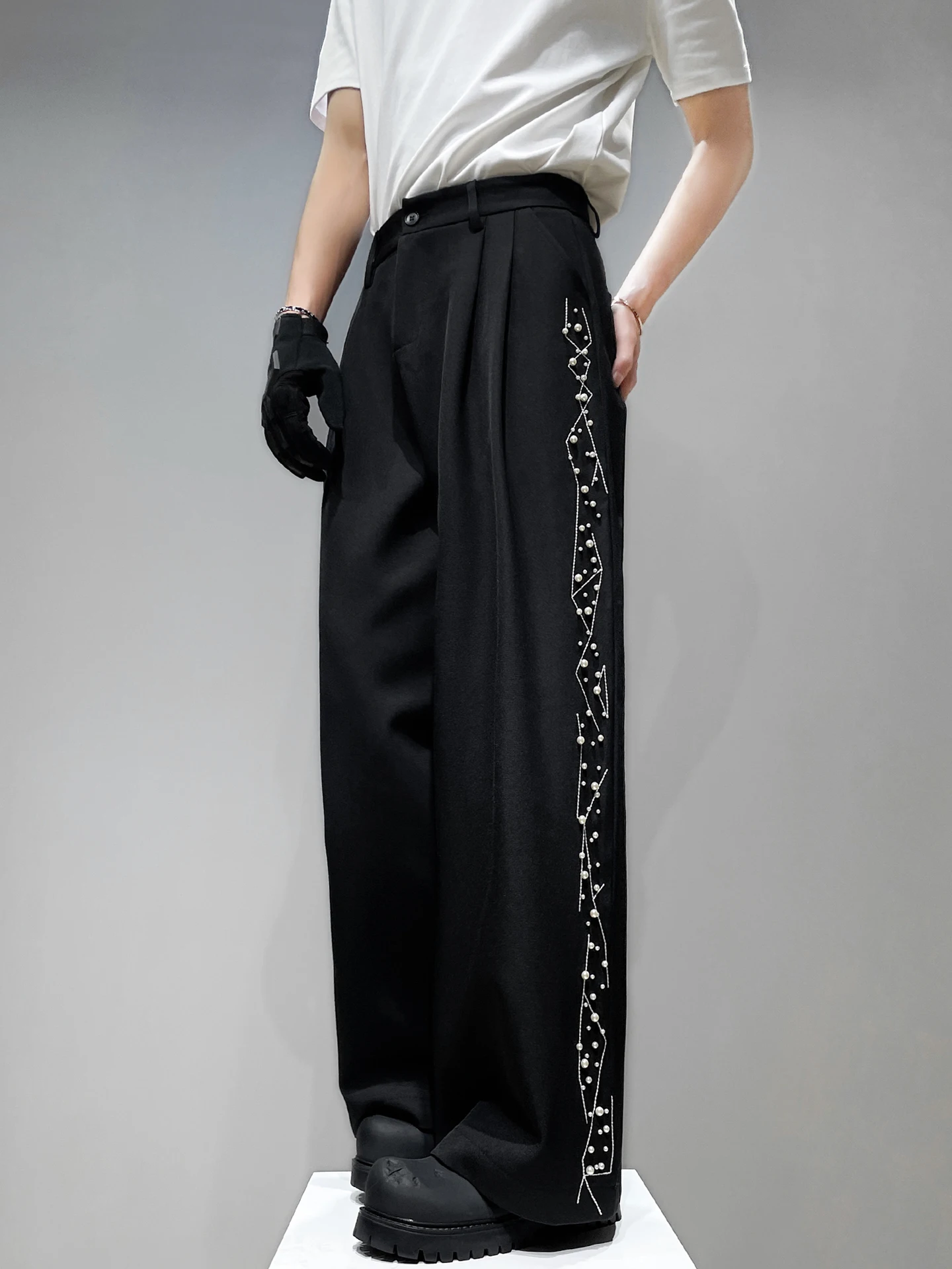 

New Original Side Heavy Embroidery Pearl Men's Casual Loose Wide Leg Pants Long Trousers Comfortable Straight Cut Youth Faion