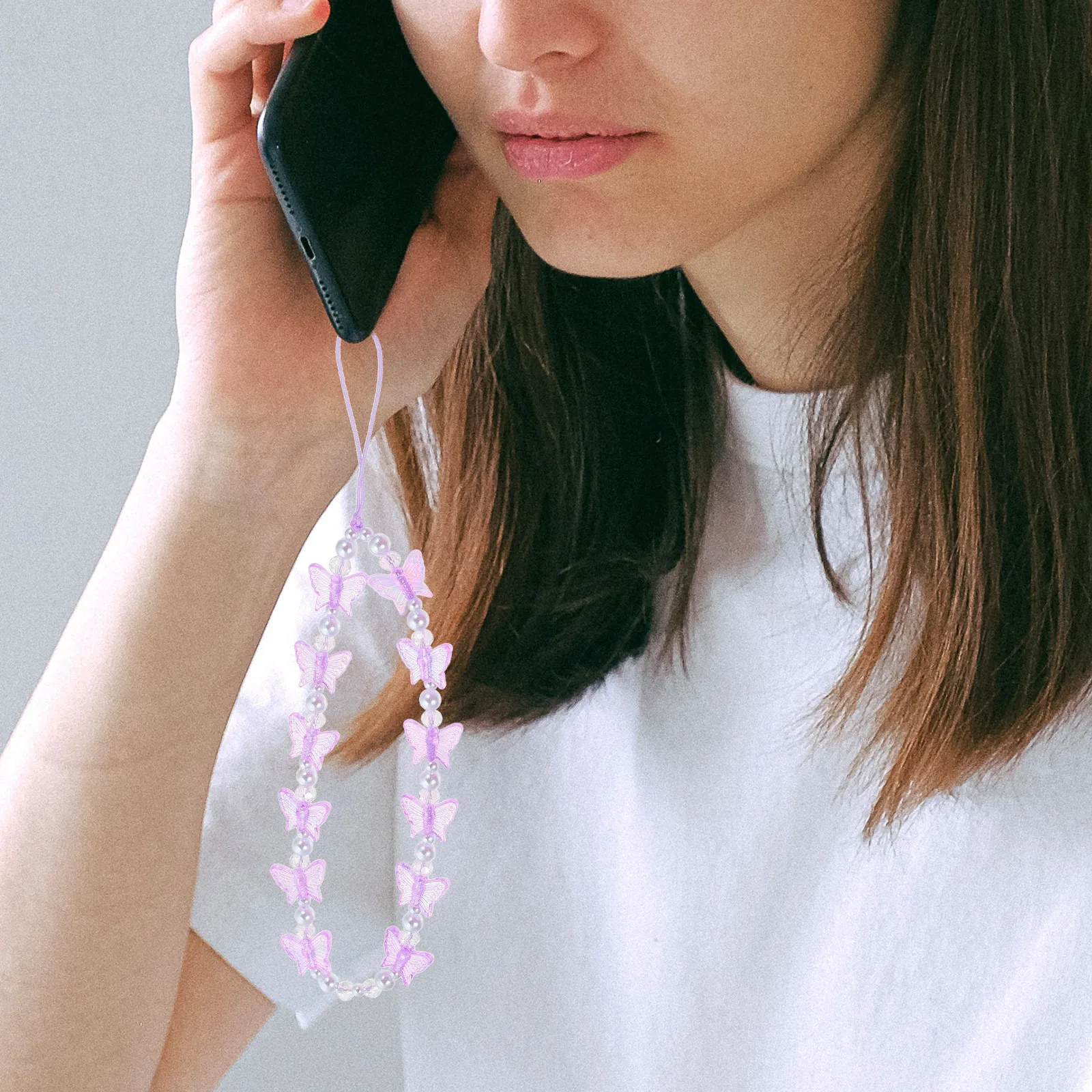 Crystal Butterflies Phone Lanyard Pearl Decorative Strap Lightweight Anti-Lost Phone Charm Cellphone Hanging Ornament