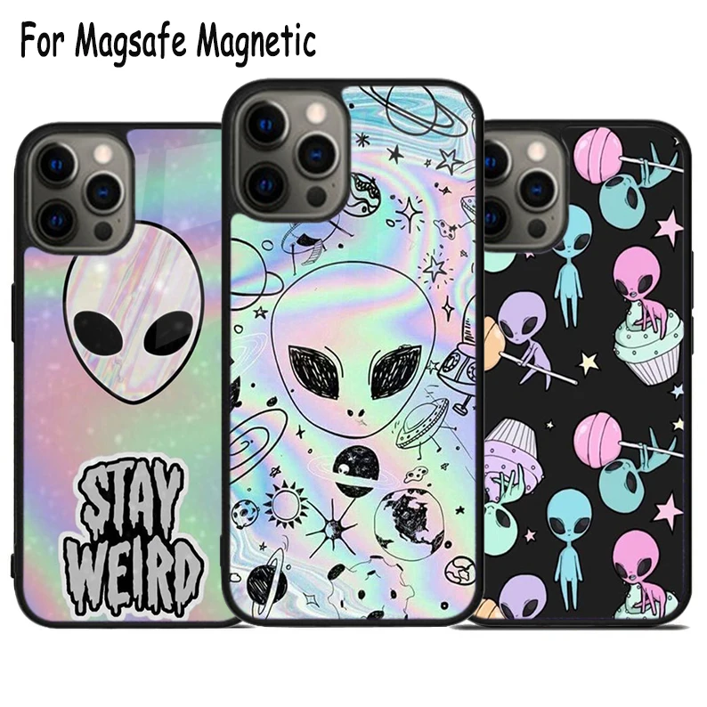 Alien Kawaii Art Wireless Charge Magsafe Phone Case For iPhone 15 16 14 13 11 12 Pro Max Plus Magnetic Bumper Cover