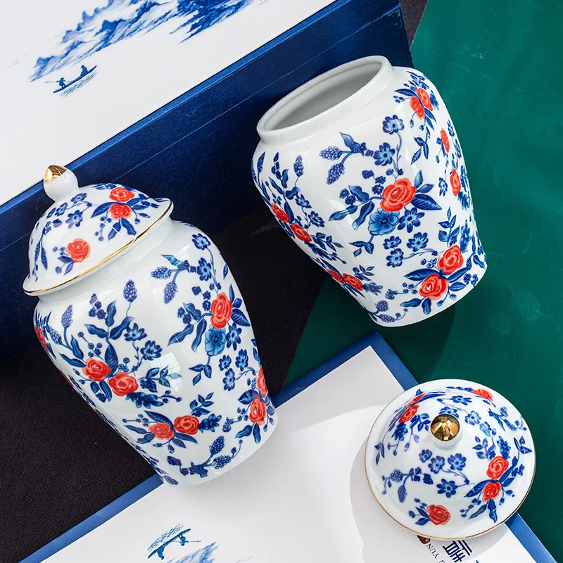 European-style Red Flower Ceramic Sealed Tea Pot Storage Container Blue and White Porcelain Pot Exquisite Crafts Home Decoration